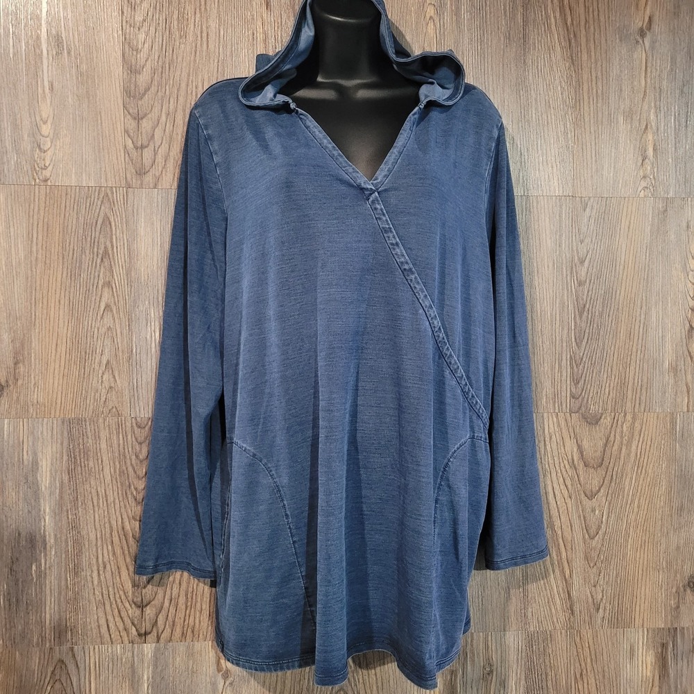 Pure Jill Indigo Faux Wrap Tunic Size L Hooded Pockets Mature Lagen Lyocell